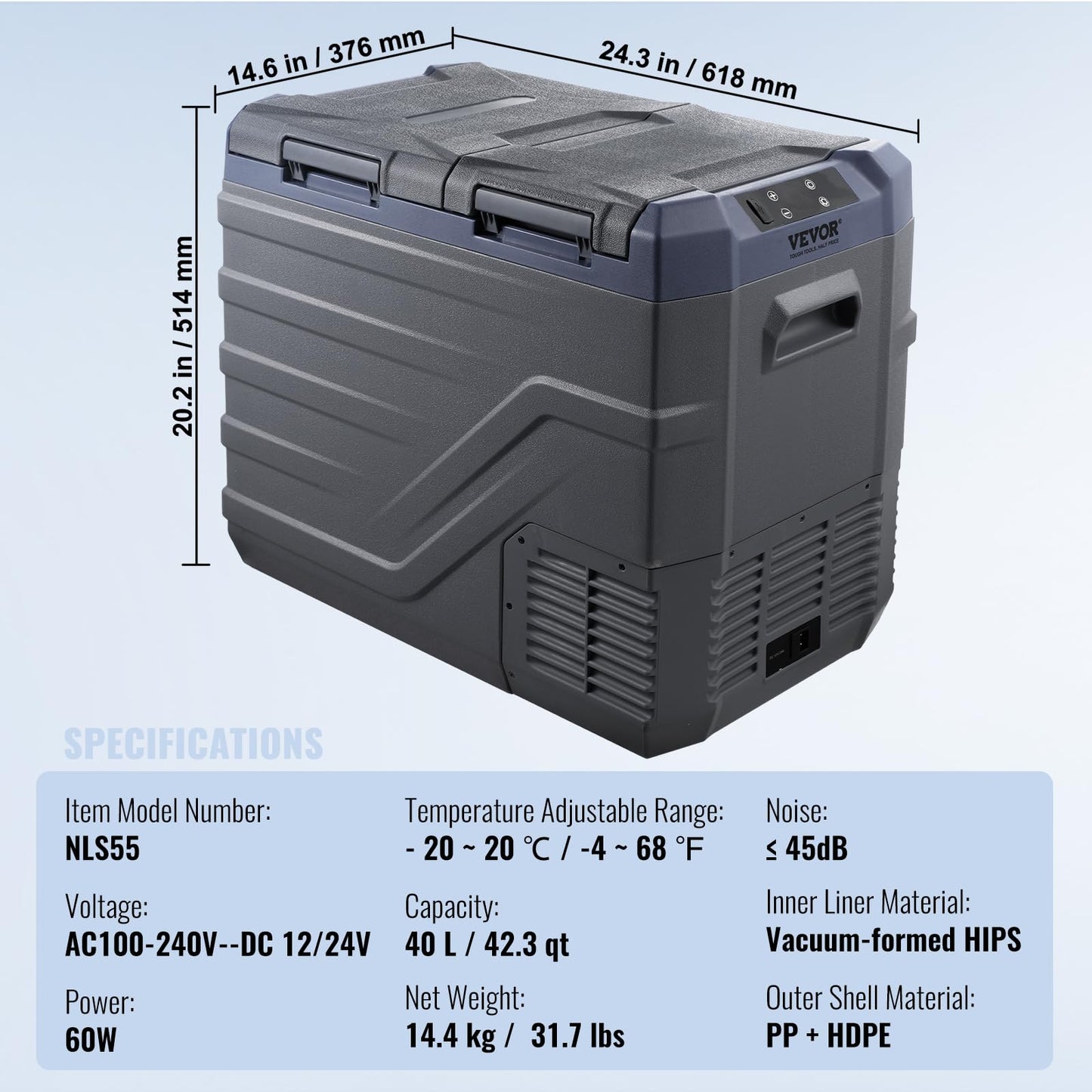 VEVOR 40L Dual Zone Portable Car Freezer with Compressor, -4°F to 68°F Camping Fridge Freezer, Bluetooth