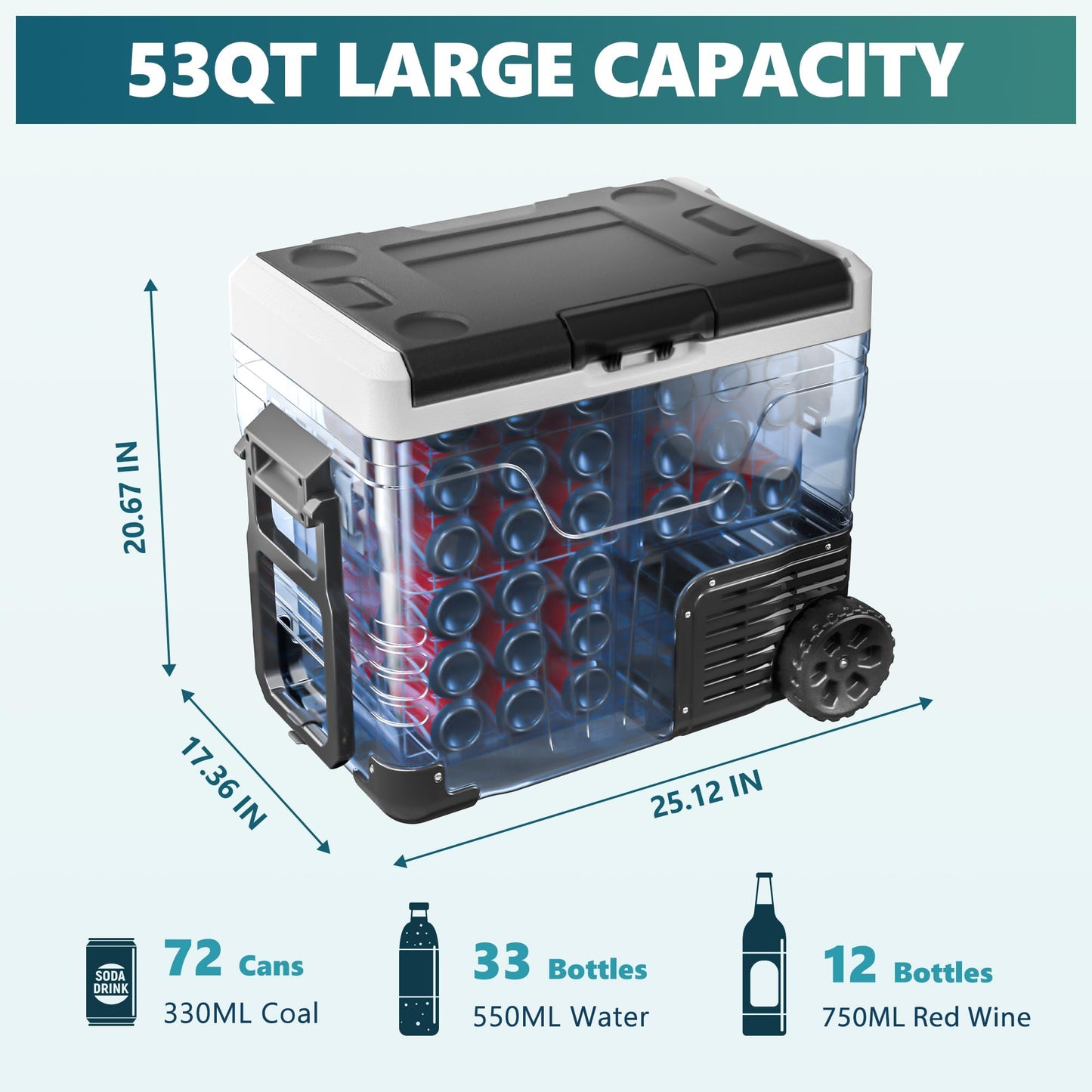 EUHOMY 53QT Portable 12V Refrigerator Freezer with Wheels & Dual Baskets for Car & RV
