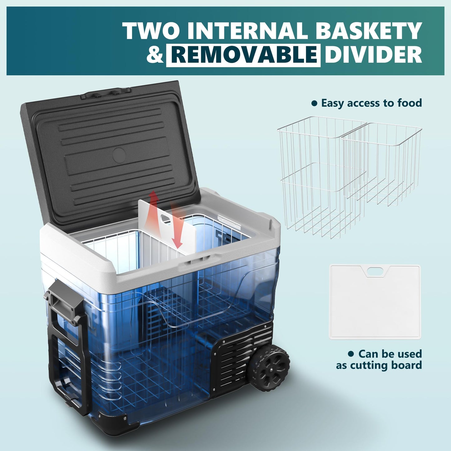 EUHOMY 53QT Portable 12V Refrigerator Freezer with Wheels & Dual Baskets for Car & RV
