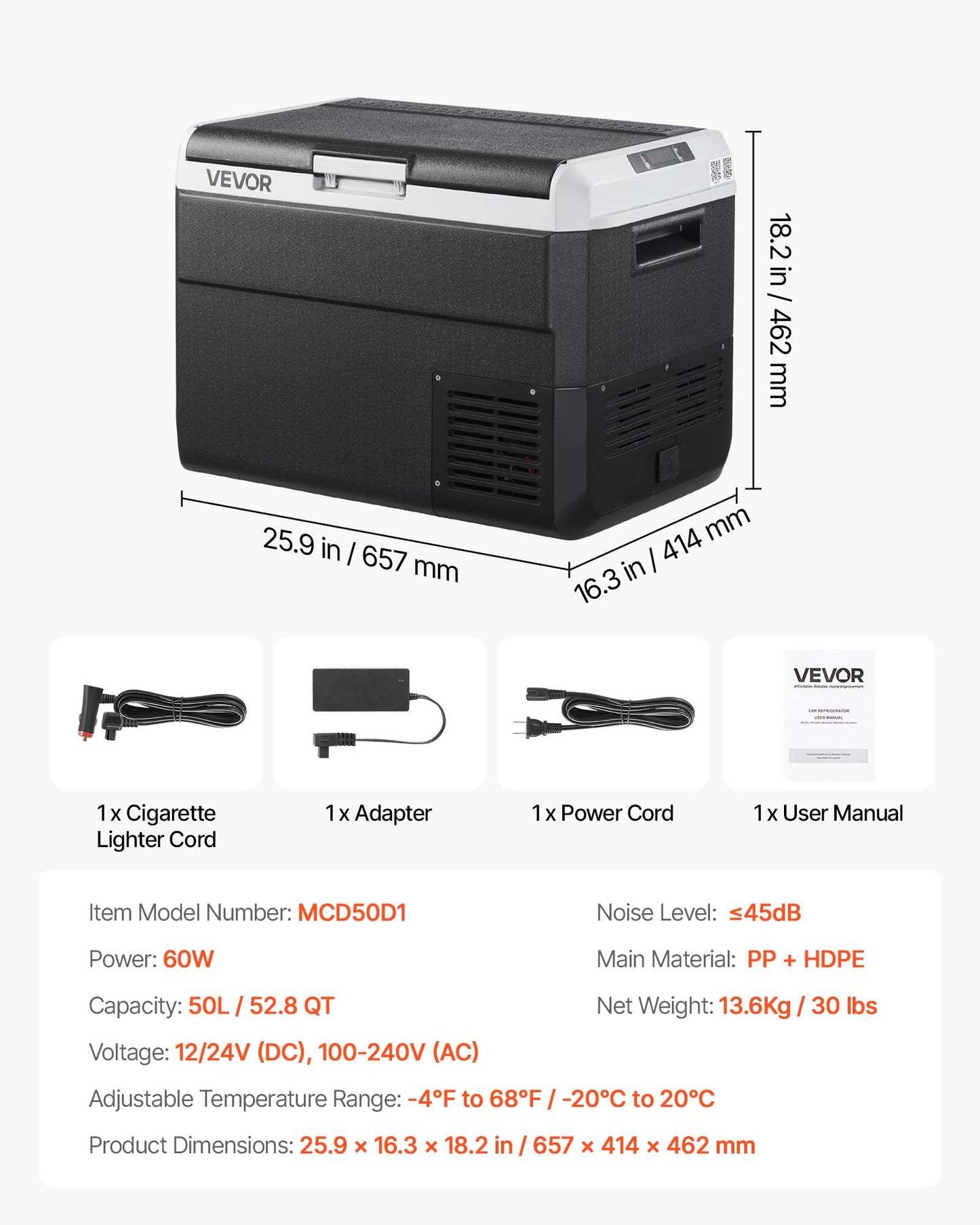 VEVOR 50L Portable Car Refrigerator 12V/24V Freezer Cooler -4°F to 68°F for Camping RV Travel