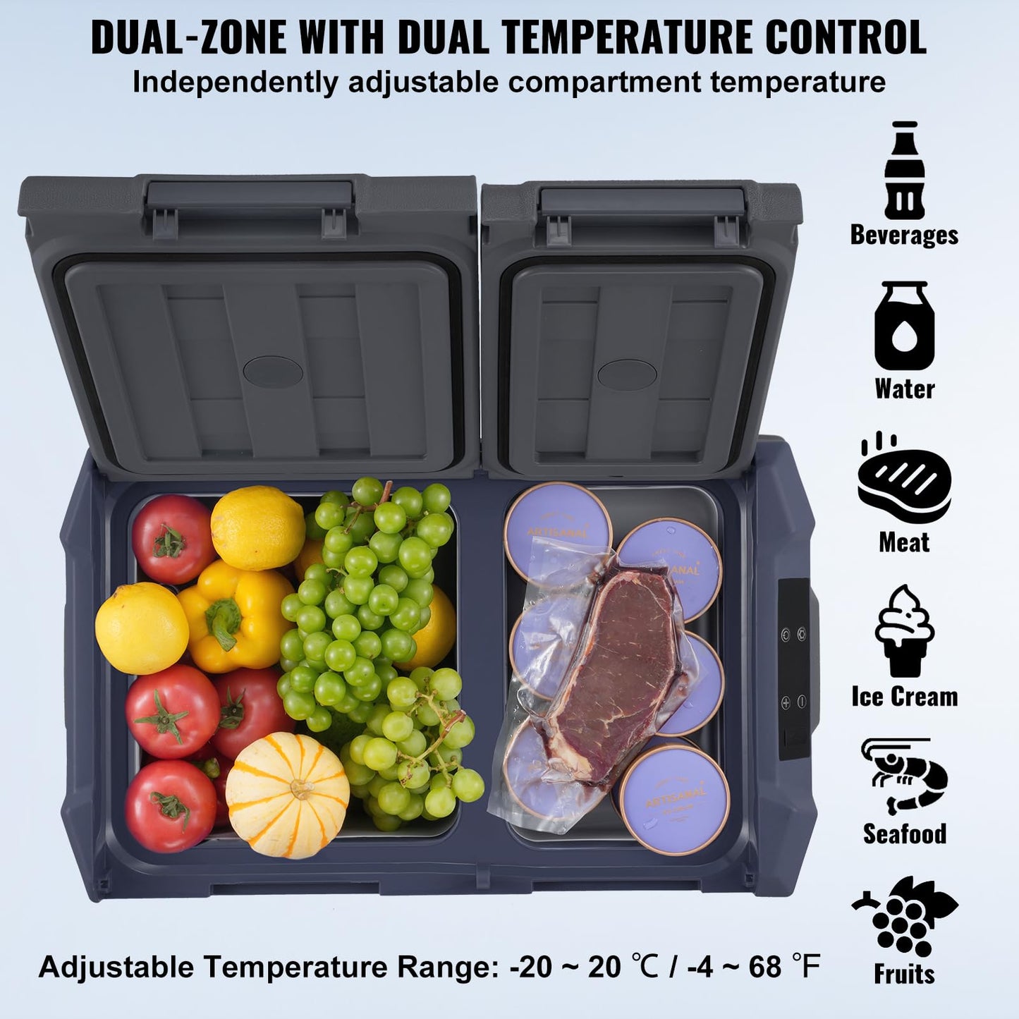 VEVOR 40L Dual Zone Portable Car Freezer with Compressor, -4°F to 68°F Camping Fridge Freezer, Bluetooth