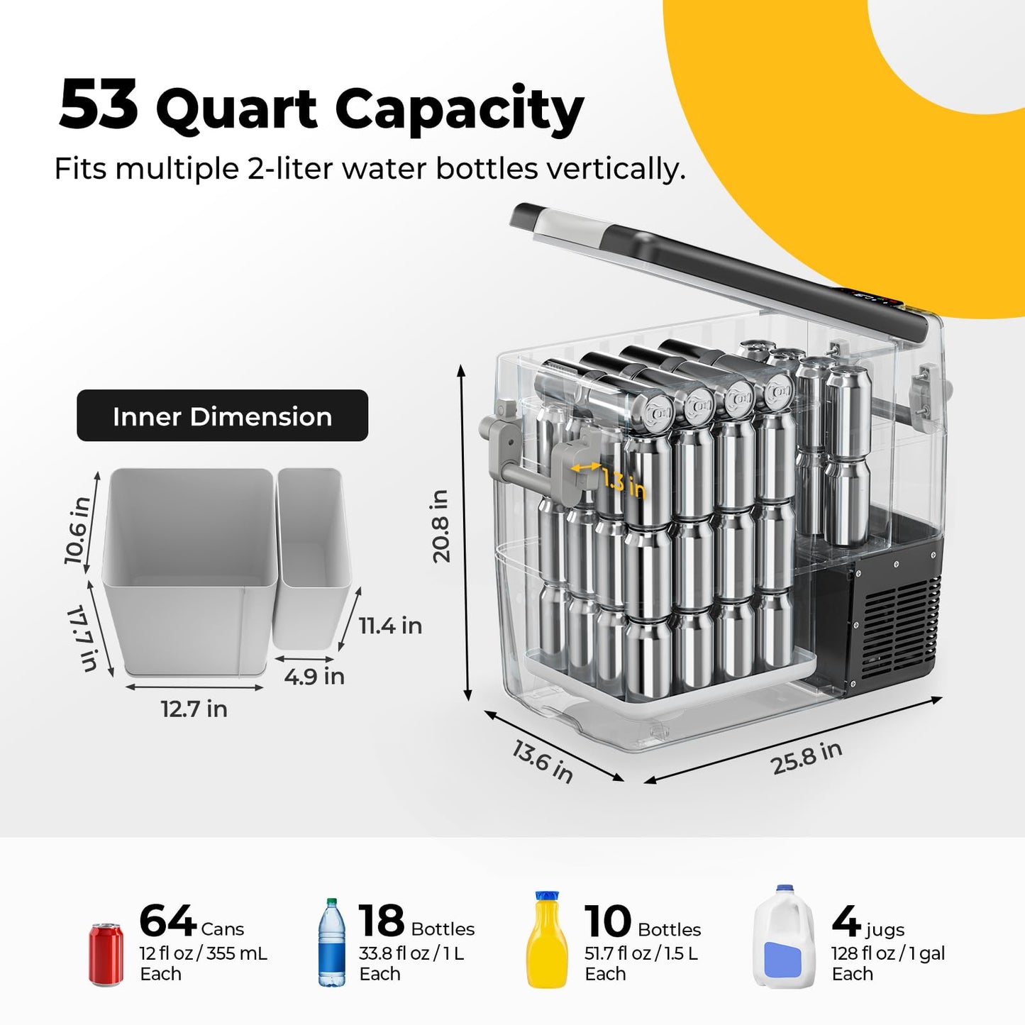 BougeRV 53QT Portable 12V Refrigerator Freezer - Large Capacity Cooler with Air Compressor for RV