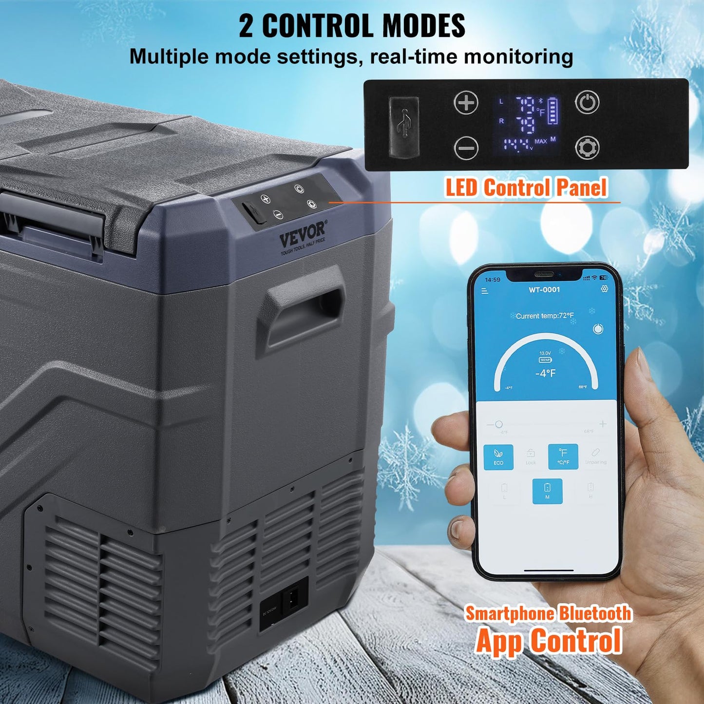 VEVOR 40L Dual Zone Portable Car Freezer with Compressor, -4°F to 68°F Camping Fridge Freezer, Bluetooth