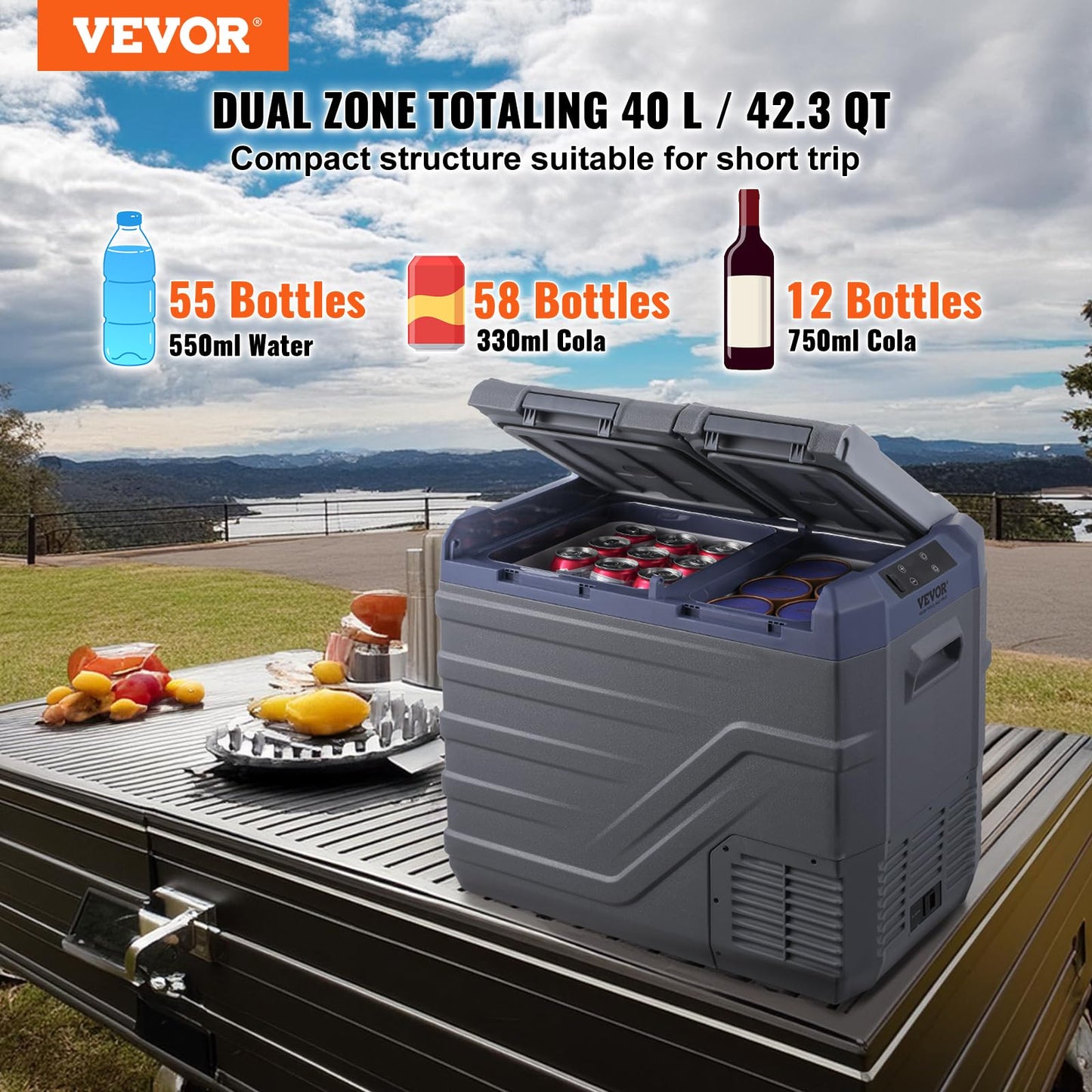 VEVOR 40L Dual Zone Portable Car Freezer with Compressor, -4°F to 68°F Camping Fridge Freezer, Bluetooth