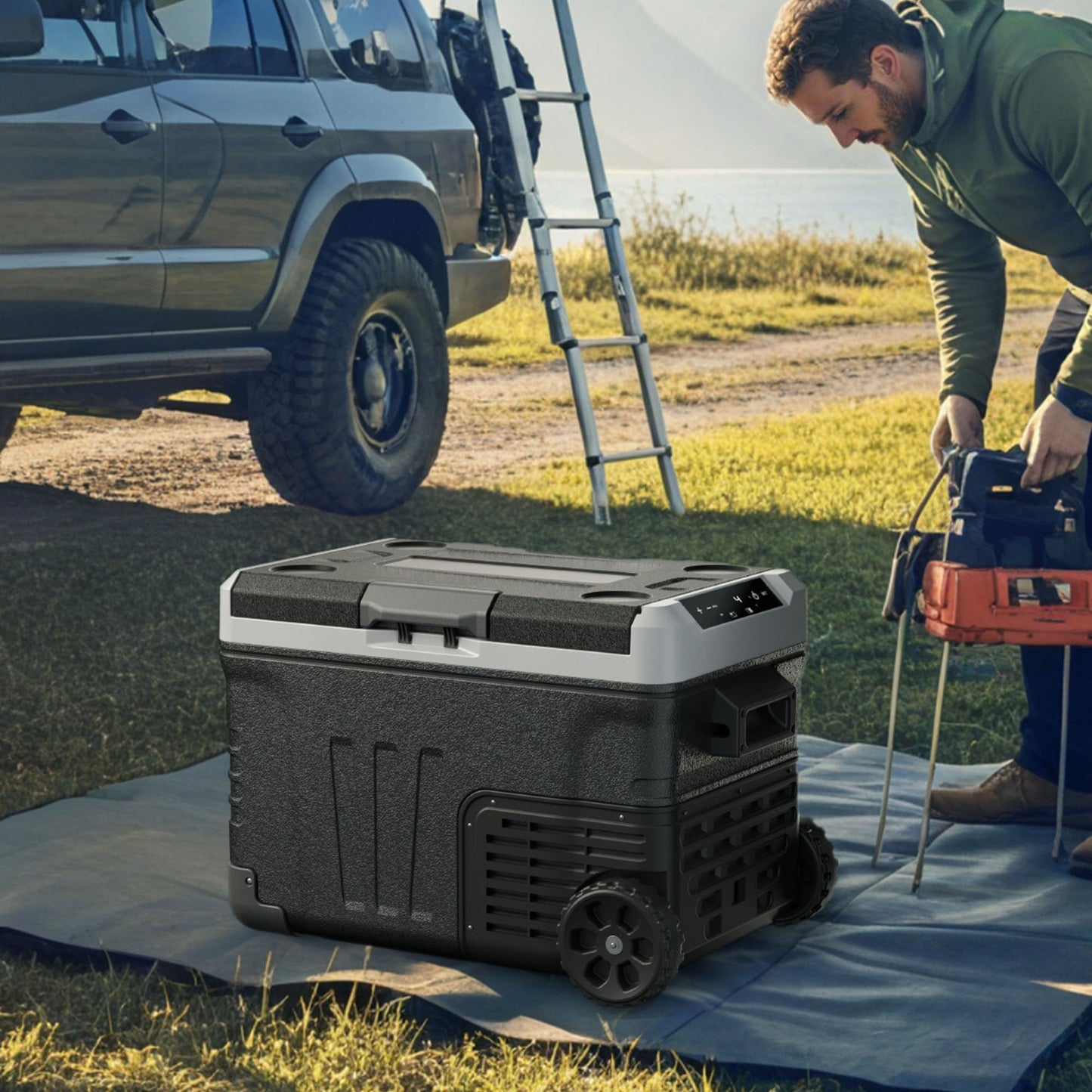 EUHOMY 53QT Portable 12V Refrigerator Freezer with Wheels & Dual Baskets for Car & RV